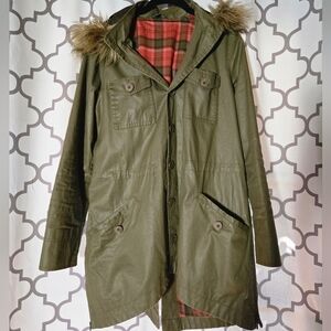 L.L. Bean Olive Green Utility Jacket with Faux Fur Hood